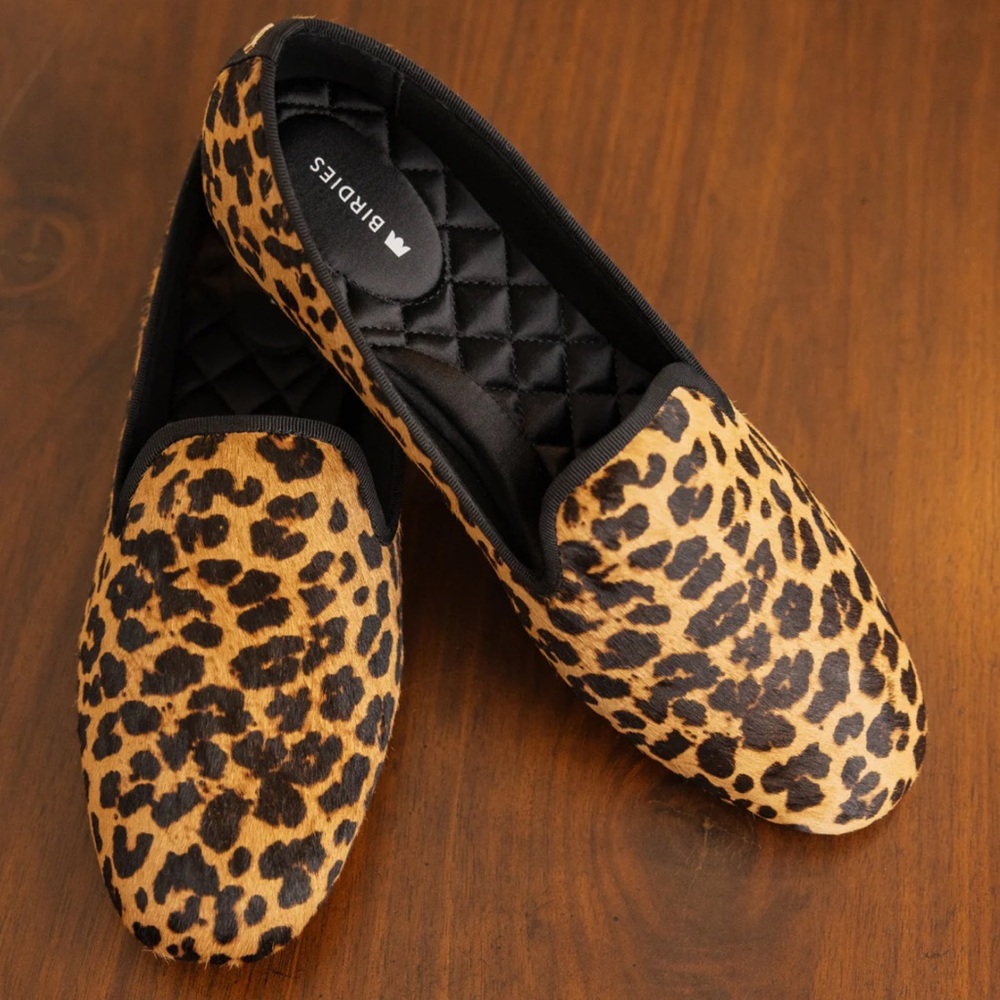 Birdies Leopard-Print Quilted Slip-On Flats in Tan and Black